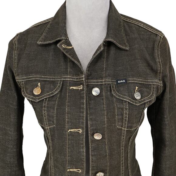 Gas Blue Jeans Jacket Womens Small Black Denim Button Up Pockets Stretch Cotton - Picture 8 of 16